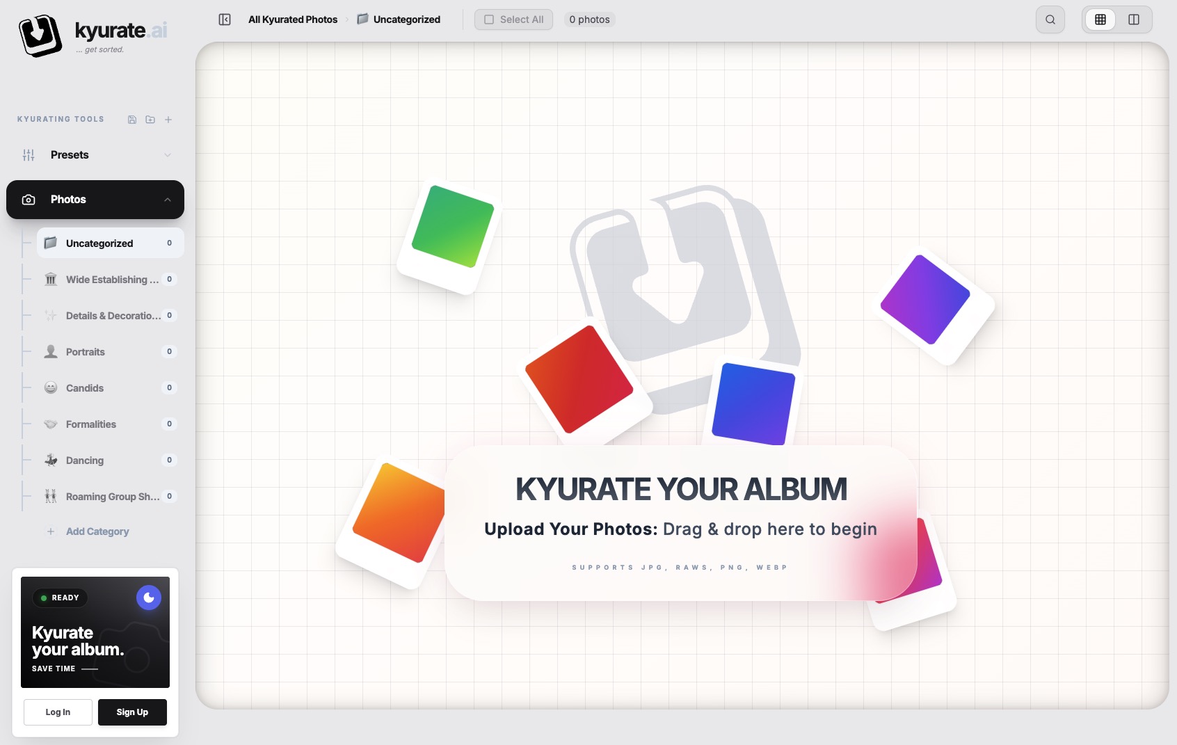 kyurate.ai dashboard — AI photo sorting UI